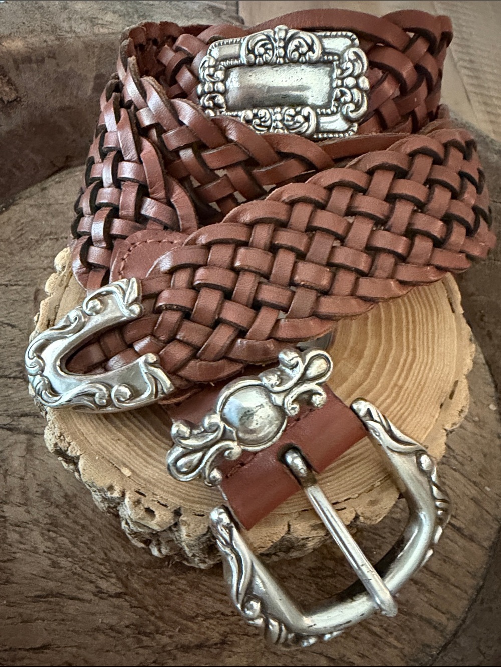 VTG 90s Fossil Woven  Brown Braided Leather Western Concho Belt Size Large